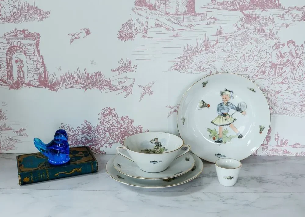 VTG 50s Seltmann Weiden Children Dinnerware Set Bowl Plate Egg Cup Girl Play MCM